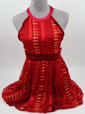 Alice + Olivia Halter Dress Womens Small Red Gold Striped Velvet Trim Bubble Hem